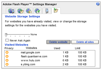 Flash Website Storage Settings